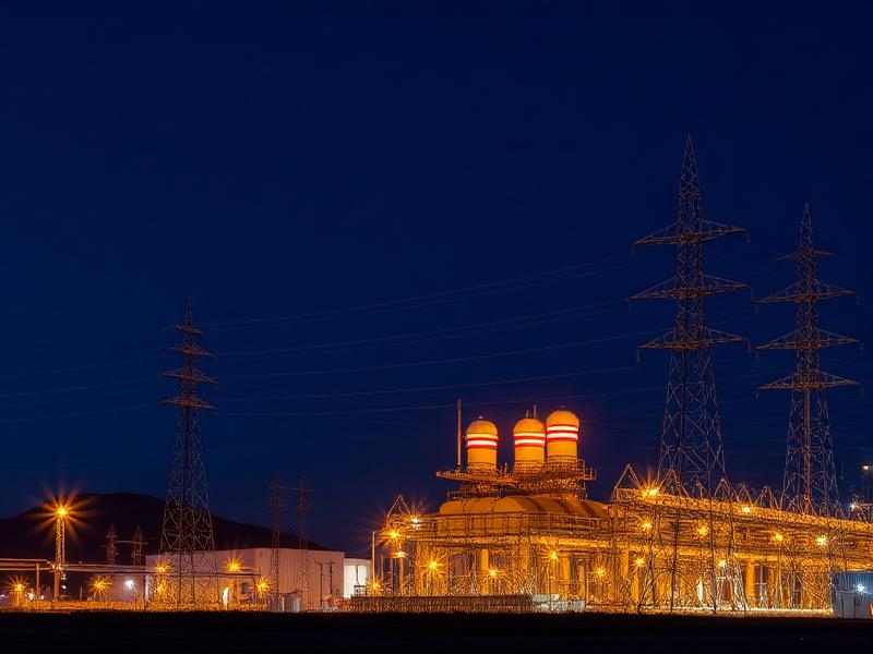 Gas-fired power station and transmission towers lit at night